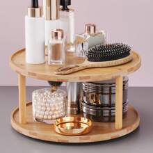 1Pc 2 Tier Slouchy Susan Organizer, Bamboo Rotating Spice Rack, Spice Holder For Inside Cabinet, Pantry, Kitchen, Countertop