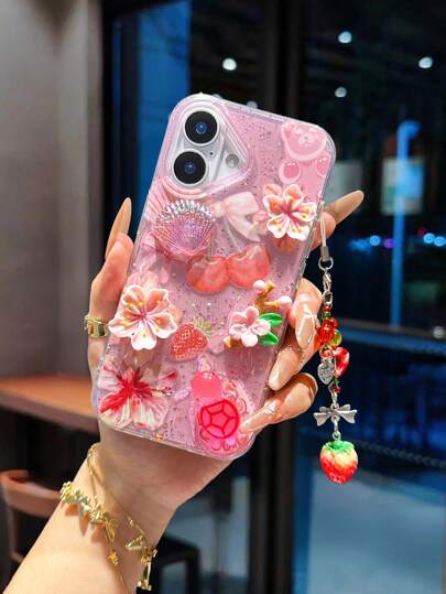 Flower Phone Case Flower Painting Peach Blossom Accessories, Strawberry Red Epoxy Glitter Transparent Strawberry Pendant Shock-Proof High-End Phone Case, Compatible With IPhone 16/IPhone 15/XR/IPhone 16 Pro Max/7P 8P/P12 Pro Max/P13 Pro Max/P14 Pro Max/P13/P14/P11/P12/P14 Women Soft Anti-Fall, XS/S/XS Max/7 8 GES2, Cute & Fashionable Thick Phone Protective Cover Waterproof Scratch Resistant