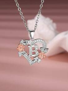 Tsnamer 1 Stück exquisiter Halskette mit kubischem Zirkonia-Initialen und herz-geschnitztem 26 Buchstaben A-Z sowie Blumen, Damen Schmuck für den täglichen Gebrauch
