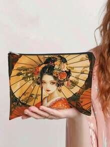 1pc Retro Japanese Style Pattern Makeup Bag Carry All Pouch - Zipper Lightweight Cosmetic Bag Travel Essentials Travel Accessories Travel Must Haves