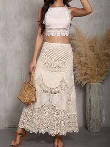 Guipure Lace A-Line Skirt - Flowy, Casual, Solid-Colored, Smock Waist Women's Fashion Clothing For Everyday Wear - Apricot - View 4