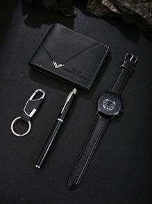 4 件套：时尚石英表、钥匙扣、男士钱包、节日浪漫礼品套装、纯色 PU 皮革男士钱包适合所有季节、大容量、多卡槽、商务休闲风格、生日礼物、毕业礼物、父亲节礼物 - 黑色 - 查看 3