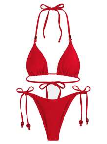新款春夏性感纯红色比基尼泳衣，适合情人节、海滩、度假、派对、约会等场合。 - 紅色 - 查看 2