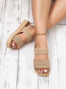 Lente- en zomermodellen Khaki houten oorrandversiering brede leest sandalen (omtrek verbreding, 2 meter breder dan de normale omtrek), geschikt voor Europa en de Verenigde Staten en het Midden-Oosten Eenvoudige en modieuze platte sandalen, dikmakende en verbredende vakantieschoenen Zomerschoenen Strandschoenen, lichtgewicht en comfortabel zacht Schokabsorberend en ademend Brede damespantoffels