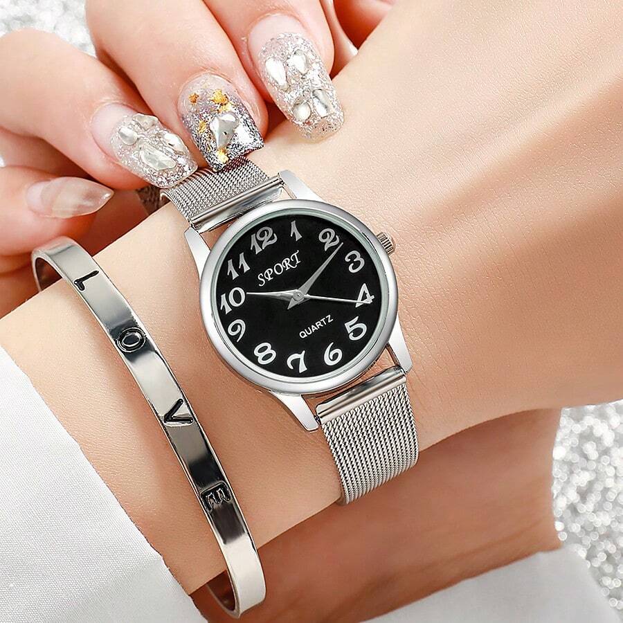 2pcs Luxury Gold Set Women's Watch Ladies Bracelet Stainless Steel LOVE Bracelet Gifts For Women - Silver - View 1