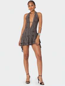 Deep V-Neck Backless Ripped Asymmetric Fashionable Sexy Mini Dress - Brown - View 3