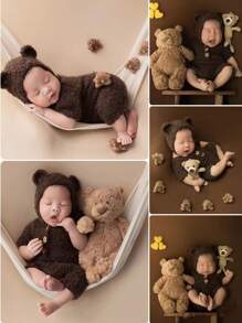 2 szt./zestaw czapka niedźwiedzia + kombinezon, strój do fotografii noworodkowej, rekwizyty do zdjęć dla niemowląt, pamiątka wzrostu niemowląt, akcesoria do zdjęć dla dzieci 0-1M