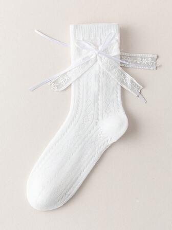 زوج واحد من الجوارب متوسطة الطول للبنات مرصعة بالدانتيل والفيونكات المفرغة، بطراز أميرة حلو كاواييي، مناسب للربيع/الصيف