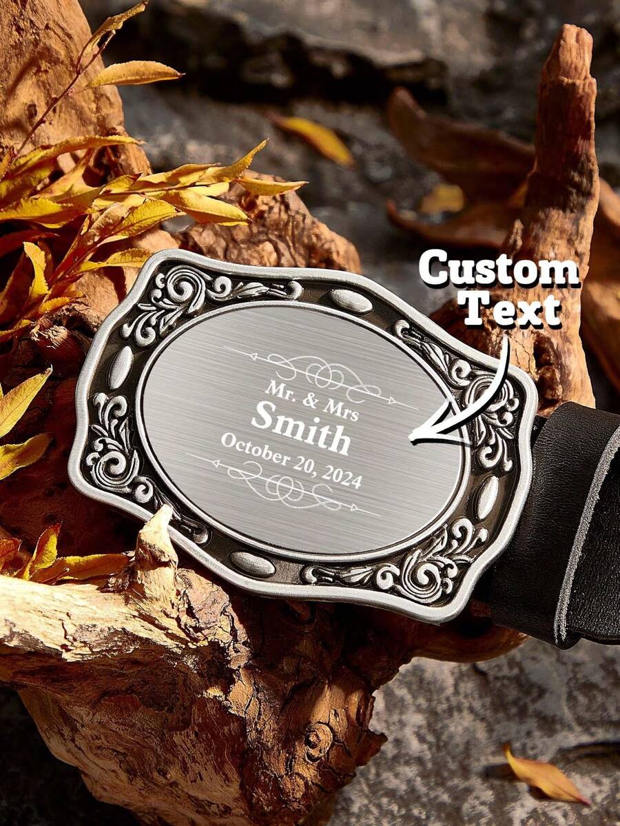 1pc Custom Text Western Belt Buckle, Personalized Men's Text Belt Buckle Monogram Belt Buckle, Custom Text Initial Replacement Cowboy Rodeo Floral Belt Buckle, Personalized Versatile Simple And Fashionable Belt Buckle With Text, Custom Engraved Belt Buckle, Valentine's Day, Birthday's Gift, Anniversaries, Couples Gift, Gift For Her/ Him, Gift For Mom/ Dad, Gift For Best Friend ﻿ - Style-1 - View 1