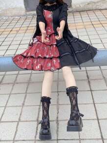 1 Pair Women Lace Mid-Calf Socks With Big Ruffle, Stretchy Hollow Mesh Thigh High Stockings, Lolita Style Kawaii Design - Black - View 3