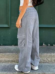 Women's High Waist Drawstring Large Pocket Casual Cargo Pants - Light Grey - View 2