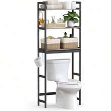 Toilet Shelf Organizer, 3-Tier Bathroom Storage Unit With Adjustable Shelving, Hooks, And Toilet Paper Holder, Space-Saving Heather Greige UBTS012W01