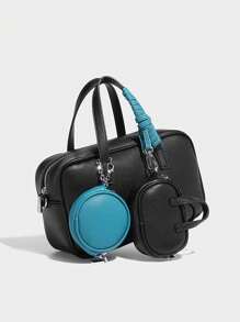 时尚秋冬复古美拉德纯色设计 PU 手提包，保龄球包带小吊坠设计，双手柄，方形拼接，公文包，通勤包，适合旅行购物、通勤、聚会、节日。，包包女士优雅，女士包优雅，奢华 - 彩色 - 查看 7