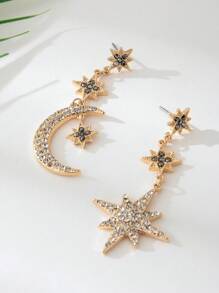 1 par de pendientes largos con diseño estrella y luna de estilo árabe de lujo con decoración de rhinestones, diseño bicolor versátil adecuado para uso diario y el Ramadán, regalo perfecto para familias