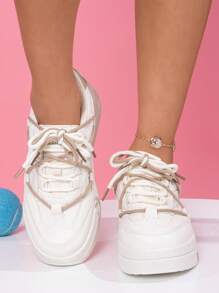 Purple Low-Top Sneakers For Women, New Fashion Casual Thick-Sole Sports Rubber Shoes, Suitable For Spring And Autumn, Students, Workout - Khaki - View 3