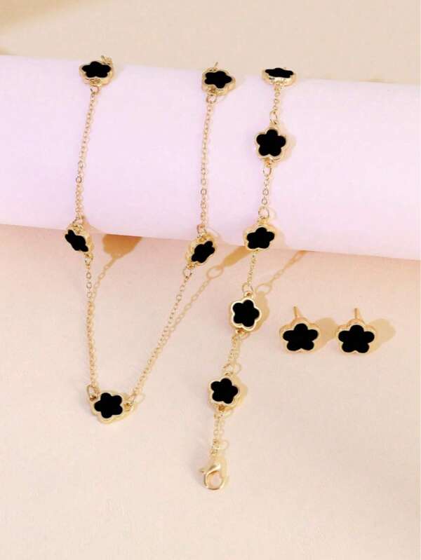 4pcs/Set Flower Necklace, Bracelet And Earrings Set, Versatile Lucky Necklace