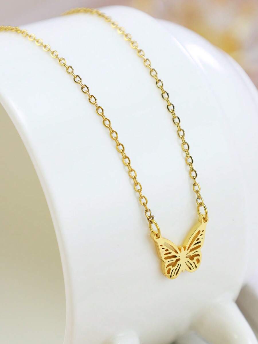 1 件蝴蝶骷髅吊坠项链简约时尚金色不锈钢链精致蝴蝶项链不锈钢女士首饰派对日常装饰品送给妈妈的母亲节礼物 - 金色 - 查看 1