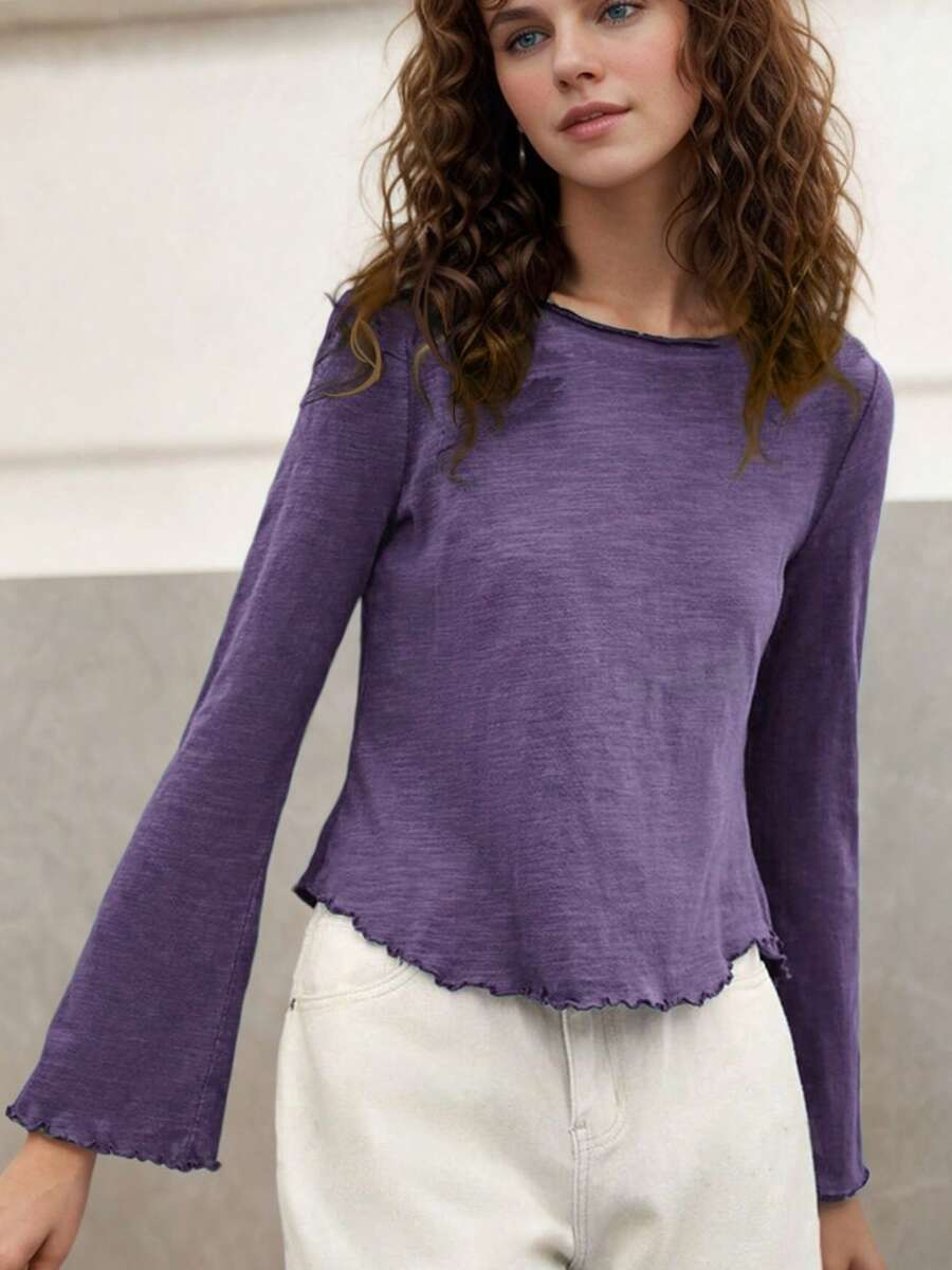 tooluck Womens Crew Neck Solid Lettuce Trim Trumpet Sleeve Tee - Purple - View 1
