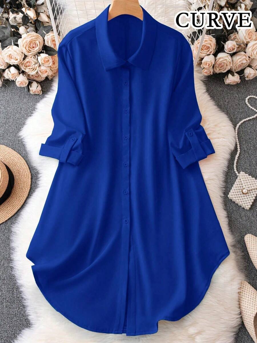 春季加大码休闲纯色纽扣长衬衫 - 寶藍色 - 查看 1