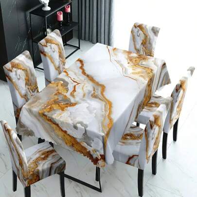 1/4/6件套经典白色镀金大理石印花椅套套装，适用于家庭餐厅、酒店现代日常装饰。可清洗和重复使用