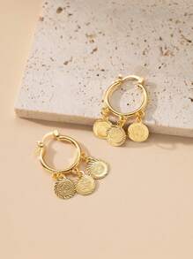 Herseygold 1 Pair Gold-Plated Copper Coin Pendant Hoop Earrings, Fashion Earrings For Women, Arabian Wedding Jewelry