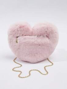Pink Plush Heart Shaped Kids Crossbody Bag, Simple & Practical Multi-Functional Girls Furry Wallet, Ladies Soft Little Shoulder Bag Clutch Bag With Metal Chain, Perfect Funny Novelty & Prank Gifts, Autumn Wallet, Valentine's Day Gift