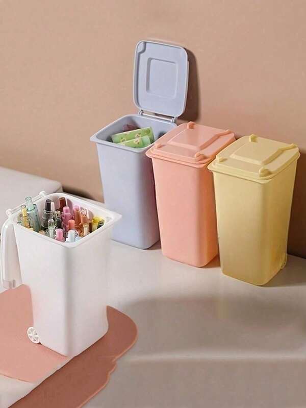 Mini Garbage Bin, Covered Small Trash Can, Desktop Trash Can, Plastic Desktop Waste Paper Basket, Swing-Top Design To Prevent Odor Leakage, Used For Storing Fruit Peel And Paper Scraps On Desk To Keep Tidy, For Bathroom, Home Office Desk Decor,Coffee Table, Office, Living Room, Study