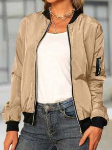 Women's Fashion Zip Up Baseball Collar Spring Summer Lightweight Jacket - Khaki - View 3