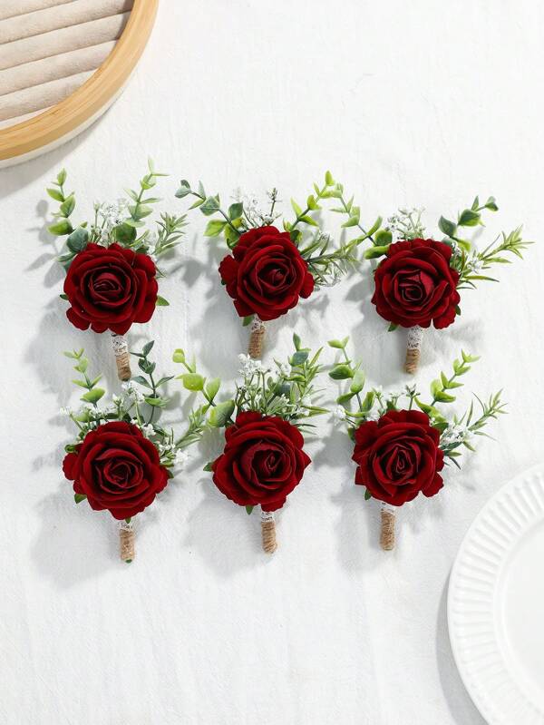 6pcs/1pc Princess Rose Flower Bouquet With Baby's Breath & Faux Greenery, Romantic Boutonniere Suitable For Wedding, Banquet, Party, Daily Wear