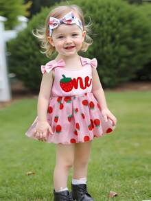 Baby Girl 1st Birthday Clothes One Year Old Tulle Romper Flying Sleeve Bodysuit Cake Smash Outfits - Màu Hồng  Dưa hấu - Xem 2