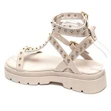 Studded Gladiator Style Thick Sole Adjustable Strap Sandals - Beige - View 6