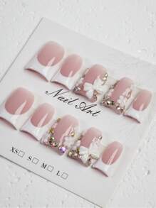 10pcs Y2K Pink & White French Manicure Fake Nails, Bow Design, Rhinestone Decor, Small White Flower Accent, Suitable For Daily, Wedding, Party, Holiday Outfits, Great Gift For Women And Girls Nail Supplies - Pink - View 5