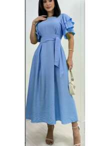 Duna Women's Long Midi Dress In Linen With Ruffle Sleeves And Belt - Blue - View 1