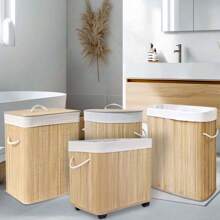 Bamboo Laundry Basket, Large Capacity Collapsible Movable Hamper With Lid & Wheels, Rectangular/Round, Space-Saving Storage For Bathroom, Laundry Room, Bedroom Home Bathroom Decor Bathroom Accessories Bathroom Organizer Fall Decor Back To School - Bamboo Original Color - View 2