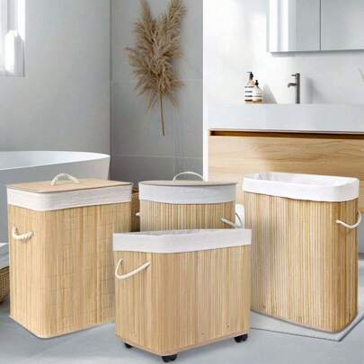 Bamboo Laundry Basket, Large Capacity Collapsible Movable Hamper With Lid & Wheels, Rectangular/Round, Space-Saving Storage For Bathroom, Laundry Room, Bedroom Home Bathroom Decor Bathroom Accessories Bathroom Organizer Fall Decor Back To School