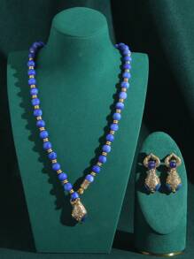 18K Gold Plated Vintage Copper Green & Blue Snake Shape Beaded Necklace & Earrings Jewelry Set With Rhinestone And Glass Beads