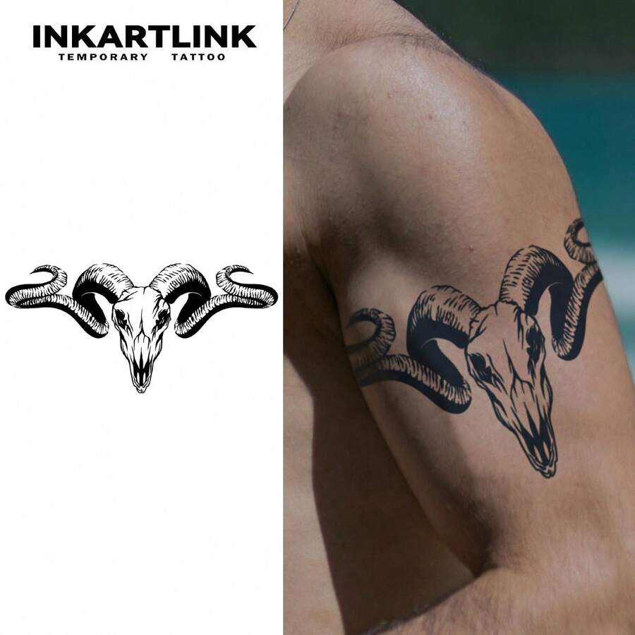 INKARTLINK 深色绵羊头骨骷髅临时纹身贴纸 | 草本配方，持久15天 | 半永久逼真假纹身 | 防水防汗时尚贴纸 | 动物图腾人体彩绘 | 音乐节派对必备