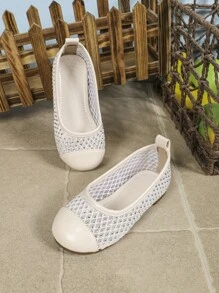 2 双经典百搭女童/幼儿鞋，防滑软底柔软面料浅口休闲网眼凉鞋，舒适新款春夏平底儿童鞋 - 杏色 - 查看 1