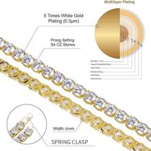 MDFUN 18K镀金6毫米立方氧化锆网球项链，女士圆形切割立方氧化锆网球链，男士加粗长项链 - 金色 - 查看 3