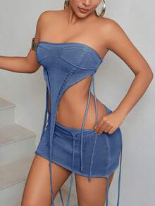 Rave Sexy 2Pcs Bandana Hem Tape Detail Knitted Tube Top & Drop Waist Bodycon Knit Skirt Festival Sweater Set - Blue - View 4