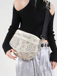 Fashion Double Zipper Fanny Pack, Women's Faux Leather Crossbody Bag With Wide Strap