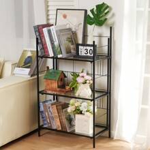 Foldable Bookshelf, 3 Tier Stylish Gold Folding Book Shelf, Foldable Bookcase With Glass Shelf, Small Collapsible Display Case Storage Organizer For Bedroom, Living Room - Black - View 8