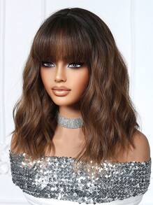 14-Inch High Quality Natural Ombre 's Wig, Wavy Bob Style With Bangs, Made Of Heat-Resistant Synthetic Fiber, Suitable For Daily Wear, Holidays And Travel