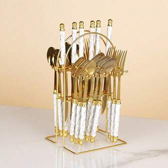 24件/4件大理石纹不锈钢刀叉勺套装，西式餐具牛排刀叉勺，甜点勺