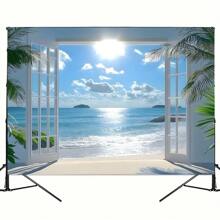 1 tấm phông nền đảo nhiệt đới với cây cọ và sóng biển - Phông nền chụp ảnh Polyester, thích hợp cho đám cưới, sinh nhật, biểu ngữ tiệc đa năng, phù hợp cho lối vào, phòng, vườn - thích hợp cho Giáng sinh, năm mới, sự kiện mùa hè - 1 CÁI - Xem 3