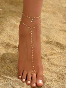 2pcs/Set Minimalist Initial Letter Gold Metal Chain Toe Rings, Casual Beach Style Foot Jewelry For Daily Outfit And Holiday, Women Jewelry Accessory, Gift