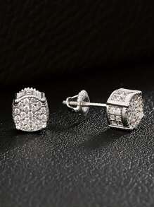 1 Pair Of Luxurious Retro S925 Sterling Silver Hip-Hop Men'S Earrings With Synthetic Zirconia Micro Inlaid 14k Gold Plated Round Earrings Suitable For Daily Party Wear