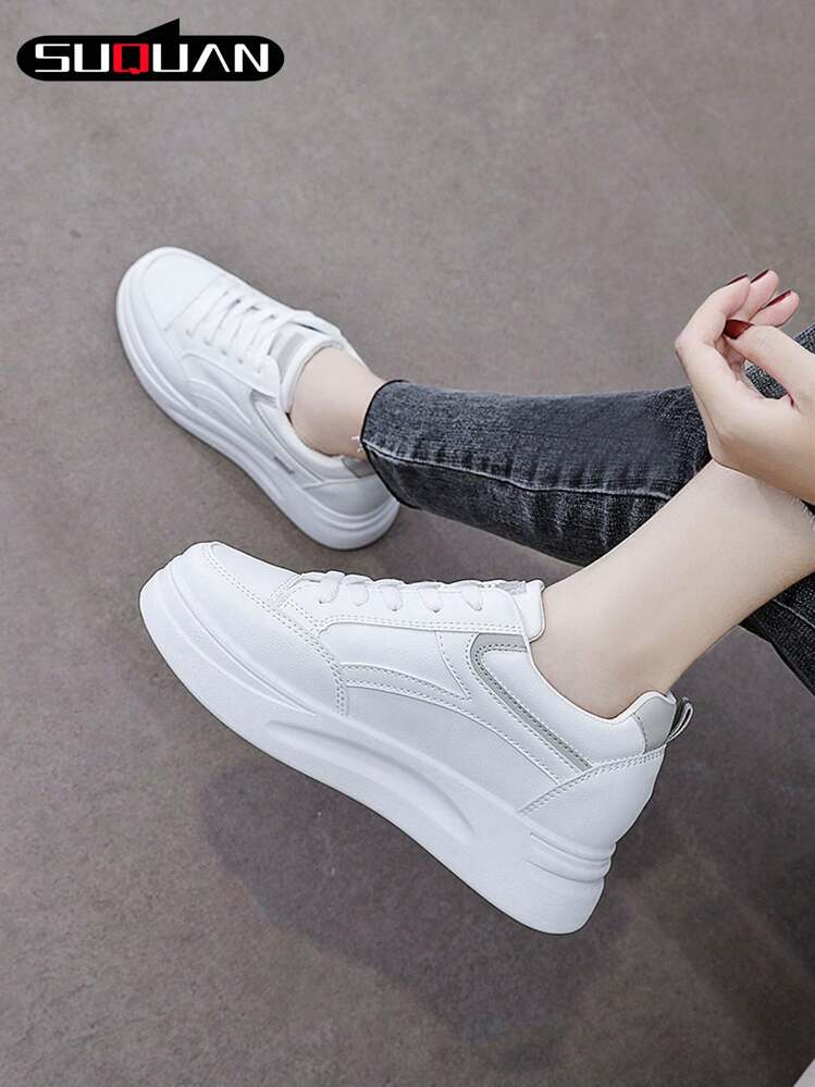 Baskets décontractées pour femmes, chaussures de sport mode, chaussures blanches basses à lacets, chaussures de course sport outdoor, petites chaussures blanches pour dames - Gris - Voir 4