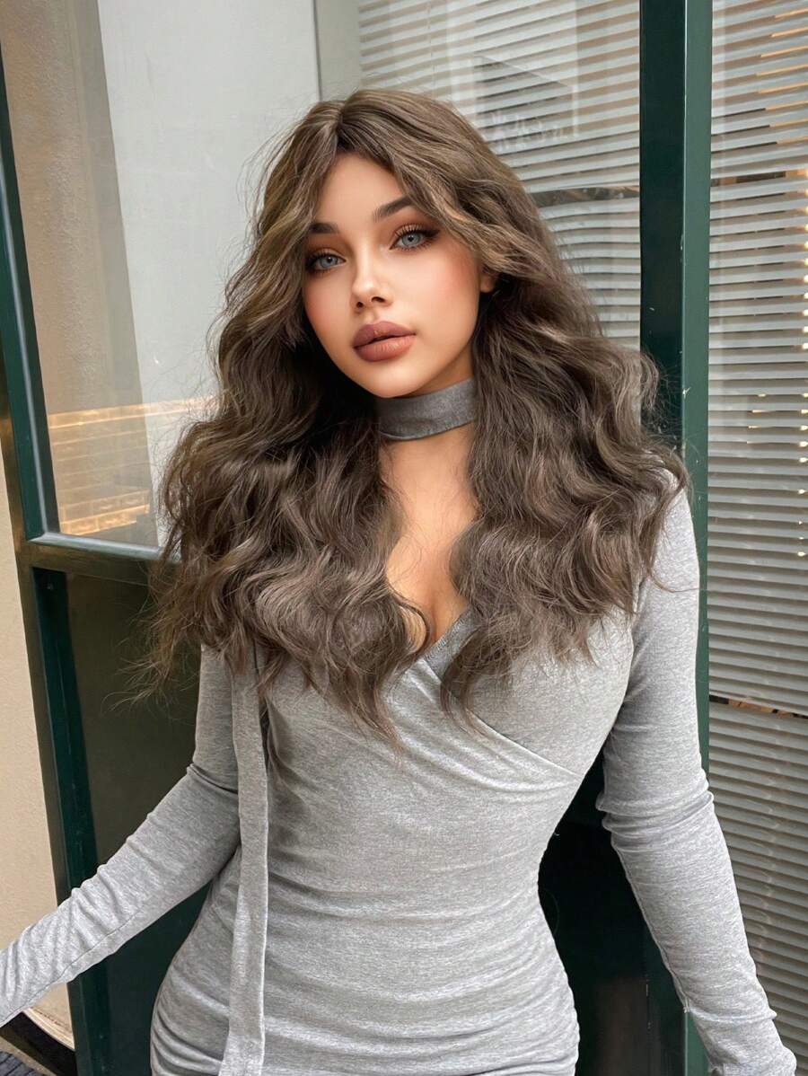 1-Piece Synthetic Heat Resistant Short Curly Hair Middle Part Wig Brown 22 Inches Full Machine Weave Daily Natural Realistic Wig - Brown - View 1