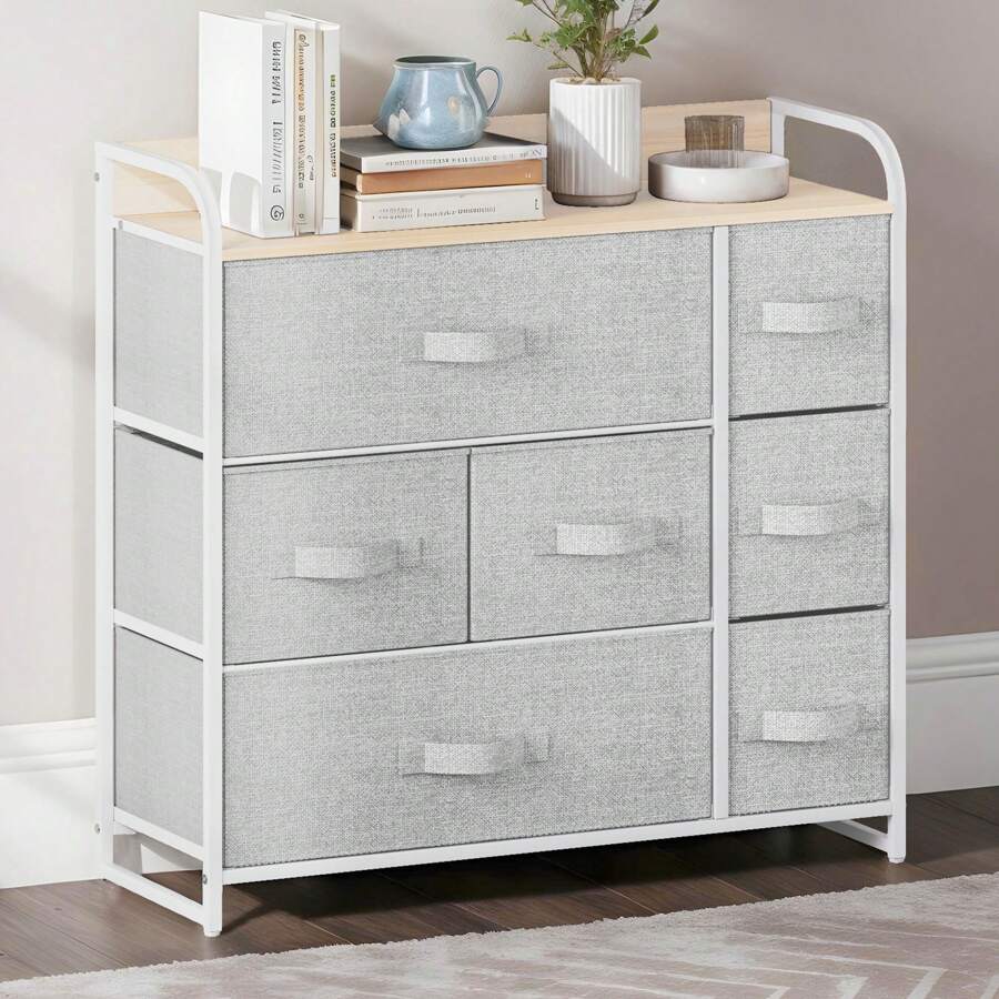 Commode, 7 Tiroirs En Tissu Commode Chambre Meuble De Rangement,Cadre En Métal,Style Moderne,Pour Chambre à Coucher, Salon,Gris Profond - 淺灰色 - 查看 1